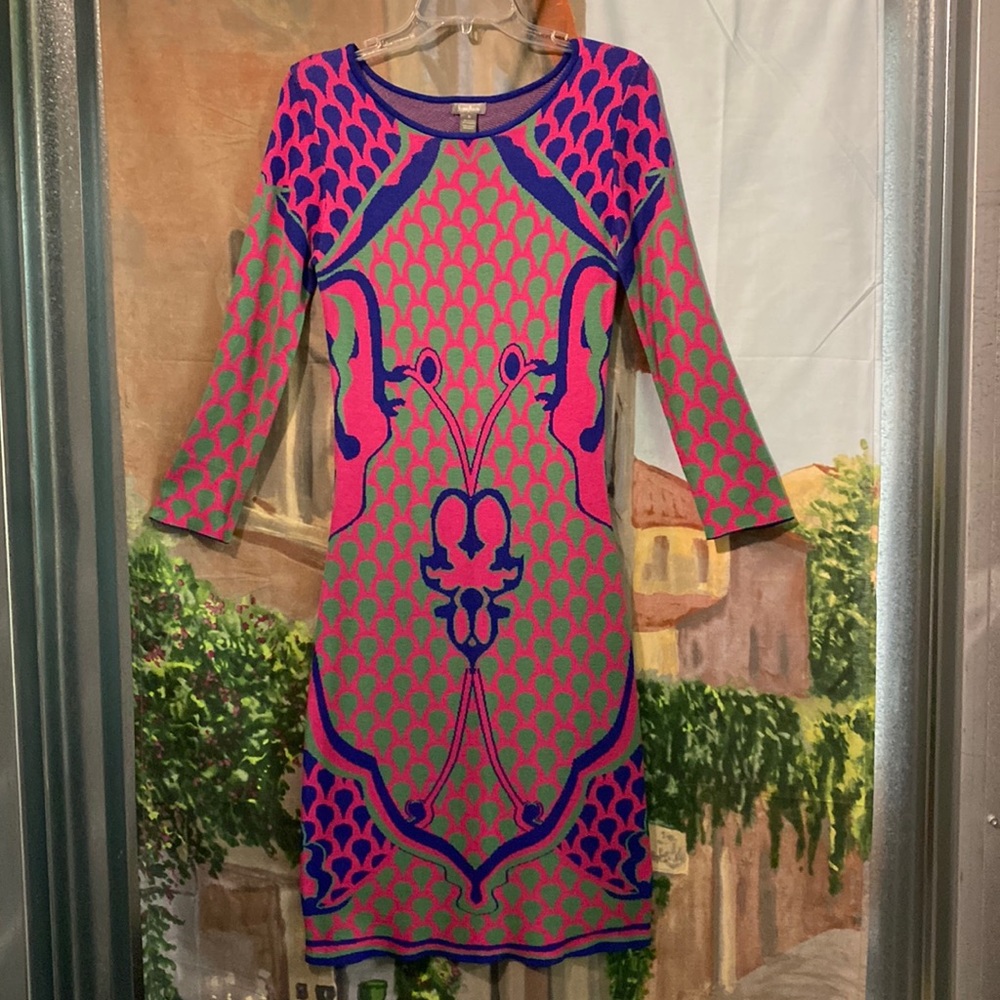 Pink and Green Patterned Long-Sleeve Dress